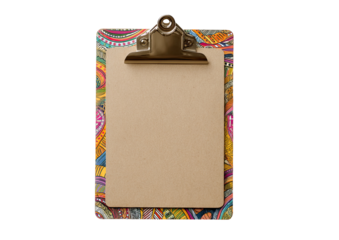 A colorful patterned clipboard with a brown paper and a gold-toned clip