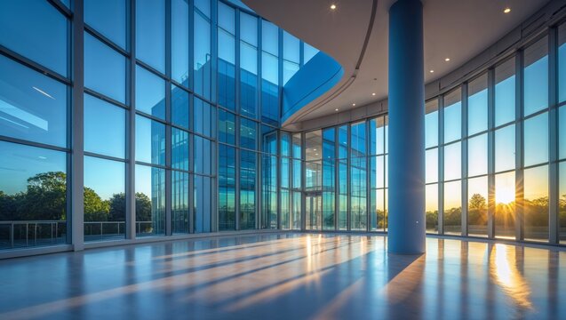 Modern office building interior with large windows and natural light at sunset
