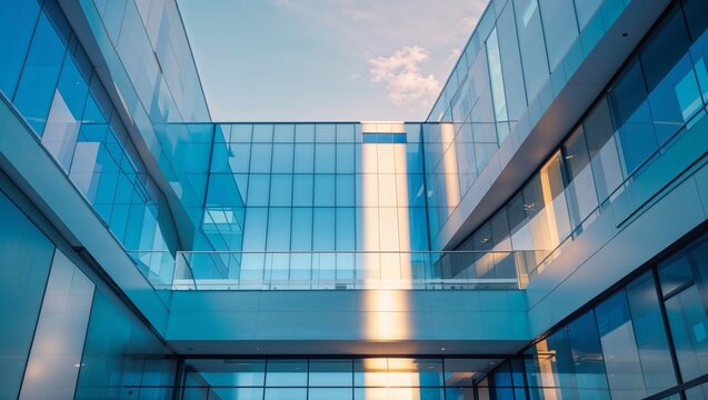Modern architectural design of a glass building with blue and gold tones