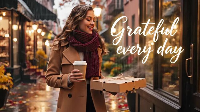 Woman walking on a rainy autumn street with coffee and pastry box, feeling grateful every day for thanksgiving mood.