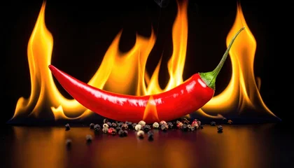 Canvas schilderij Hete pepers red chili on fire in black background   © Marko