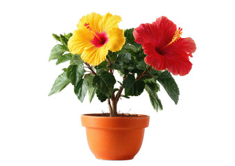 Two vibrant hibiscus blossoms, one yellow, one red, flourish on a potted plant