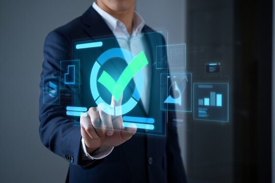 Man interacting with digital checkmark icon