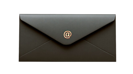Black envelope with gold at symbol, modern communication, email concept, isolated on transparency background, symbolizing digital message, business correspondence, and professional style