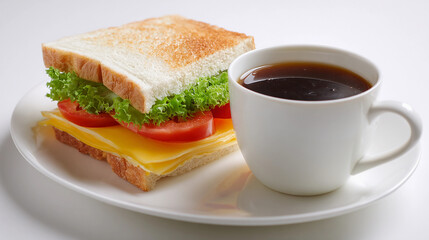 black coffee with cheese sandwich on white background