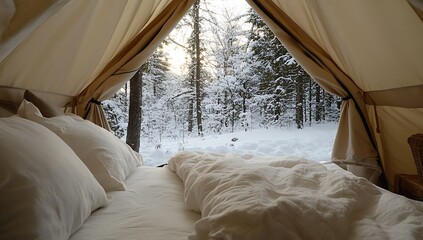 Cozy bed inside a canvas tent with a snowy forest view pillows duvet