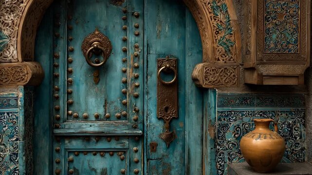 Ornate Turquoise Wooden Door with Brass Hardware and Intricate Carved Archway, Moroccan Architecture, Vintage Aesthetic