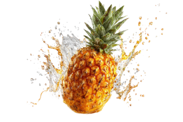 A ripe pineapple bursts with juice and water, set against a black background