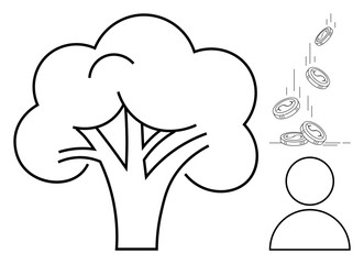 Tree symbolizing growth paired with raining coins near person figure, highlighting abundance, investment, wealth creation, savings, financial stability, eco-investment. Ideal for economic prosperity