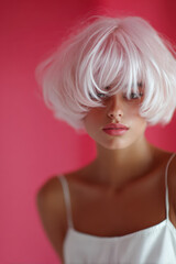 Woman posing with white bob wig against pink background