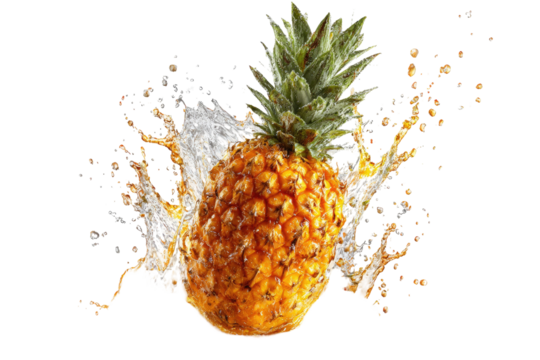 A ripe pineapple bursts with juice and water, set against a black background