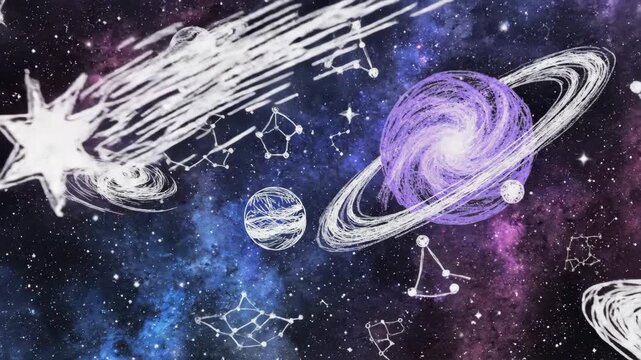 Cosmic illustration of celestial bodies against a nebulous background