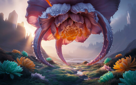 Colossal Violet&ndash;Orange Fantasy Flower in an Otherworldly Landscape.