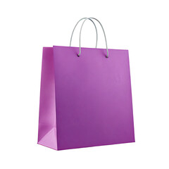 A vibrant purple shopping bag with silver handles against a stark black background