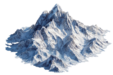 A realistic, digitally rendered mountain range with snow-capped peaks against a transparent backdrop