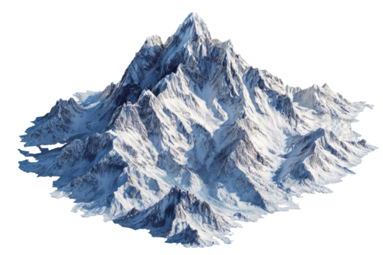 A realistic, digitally rendered mountain range with snow-capped peaks against a transparent backdrop