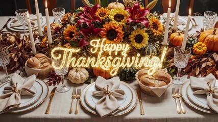 Thanksgiving table setting with white candles, flowers, pumpkins, and a glowing Happy Thanksgiving sign appear gradually