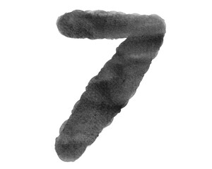 Watercolor Number Seven, 7 black color on white background, Abstract, Illustration, Alphabet handdrawn of number, Typography, Education