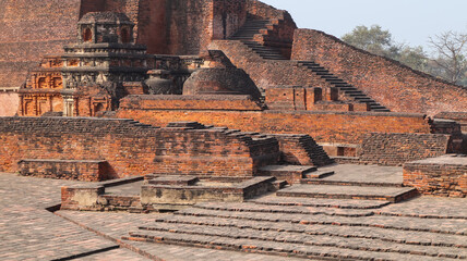 Ancient Ruins of Worlds Oldest Nalanda University, The Red Brick Monuments With Ruin Buddha Vihara's Around Campus, Bihar, India.