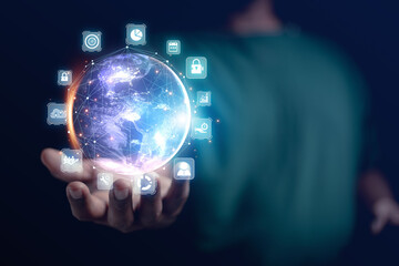 Businessman presenting futuristic business world metaverse graphic. In the form of innovation in digital business processing technology, innovation of the 21st century