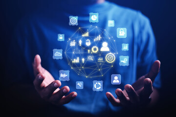 Businessman presenting futuristic business world metaverse graphic. In the form of innovation in digital business processing technology, innovation of the 21st century	