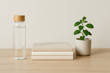 Serene aesthetic minimalist desk setup featuring a refreshing water bottle for cozy decor