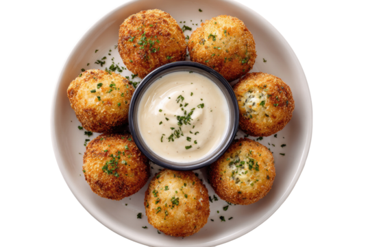 Fried golden orbs, parsley-dusted, encircling creamy dip on a round white plate