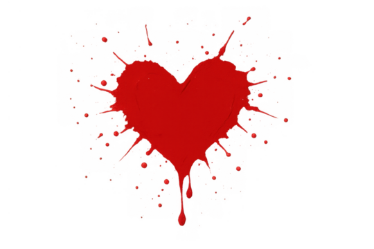 Red paint splattering, forming a heart shape with drips, symbolizing love, passion, and artistic expression, transparent background