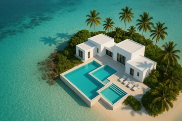 Tropical villa retreat tropical island aerial view modern architecture serene environment