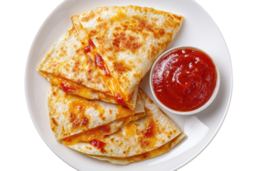 Crispy quesadillas, stuffed with cheese & sauce, arranged on a white plate with a side of red dip