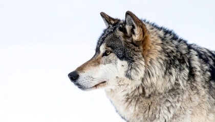 Obraz premium Focused wolf portrait against a bright white background.