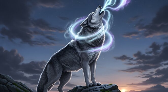 A majestic howling wolf surrounded by mystical lightning and glowing energy against a dramatic evening sky backdrop