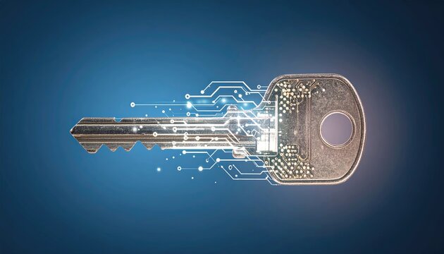 Old key transforming into digital chip in mid-air, transition from analog to digital, glowing effect 