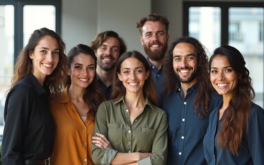 Smiling and modern team of business workers happy about teamwork collaboration and success. Portrait of successful office group ready to work. Colleagues standing together with a sense of community