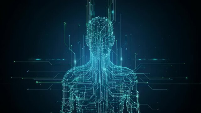 Abstract Humanoid Body Networked with Circuit Board Connections, Representing Artificial Intelligence and Technological Advancement
