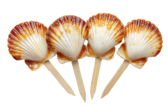 Four cooked scallops on wooden skewers, presented against a black background