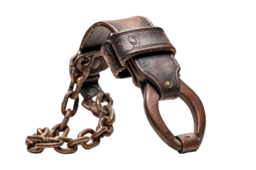 An antique leather and chain restraint device, isolated on a black background
