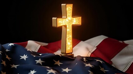 Patriotic Cross Symbol Rotating in Space with American Flag Texture - A Conceptual 4K Video for Faith, Freedom, and American Values - Powered by Adobe