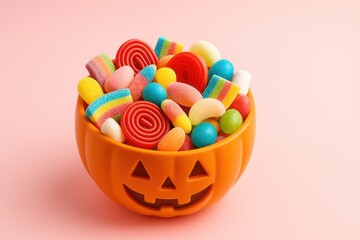 Halloween candy festivities pumpkin bowl food photography whimsical setting close-up colorful treats