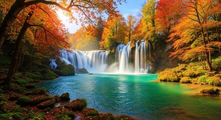 A stunning waterfall cascades into a tranquil pool surrounded by vibrant autumn foliage.