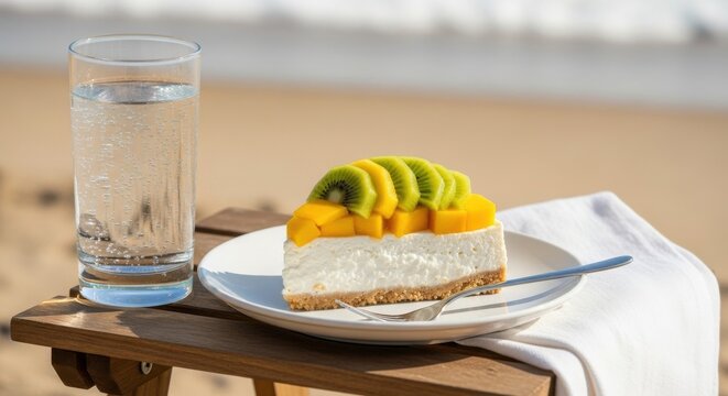 A slice of creamy cheesecake topped with fresh mango and kiwi fruit, served on a white plate with a fork and a glass of sparkling water, set against a blurred beach and ocean background