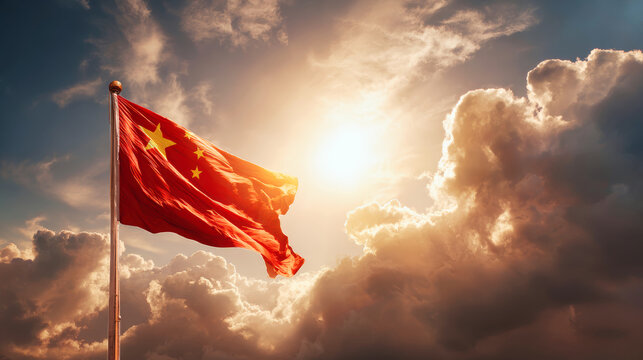 A vibrant Chinese flag flutters in the breeze against a dramatic sky, as the sun sets, casting warm light on the clouds, showcasing beauty and national pride