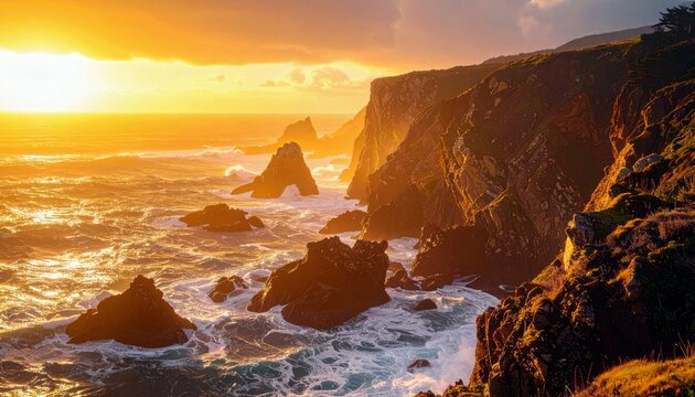 A dramatic sunset casts a warm golden glow over a rugged coastline with jagged sea stacks and crashing waves. - Powered by Adobe