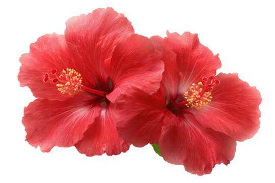 Two vibrant red hibiscus blossoms against a stark black background, showcasing detailed petals