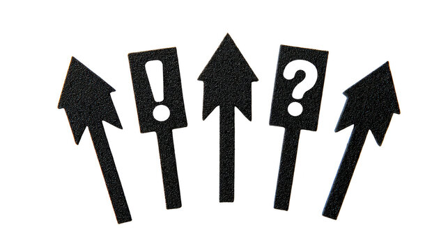 Arrow signs with exclamation and question marks black silhouette isolated on transparent background symbolizing direction decision uncertainty and choice in creative conceptual style