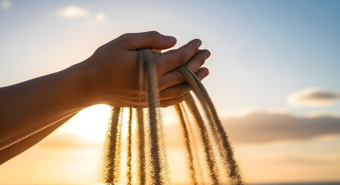 A close-up of a hand holding a handful of sand with the sun setting in the background, creating a warm and serene atmosphere