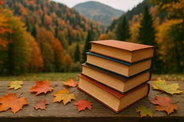 Autumn reading retreat mountain landscape books on a table nature scenic viewpoint cozy atmosphere