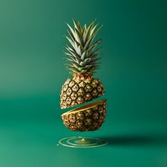 A pineapple with a slice removed, floating above a liquid splash on a solid green background, creating a surreal and visually striking image
