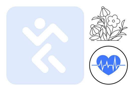 Runner silhouette for activity, flowers for nature, heart with heartbeat for health awareness. Ideal for fitness, wellness, healthcare, nature, lifestyle mindfulness balance. Simple flat metaphor - Powered by Adobe