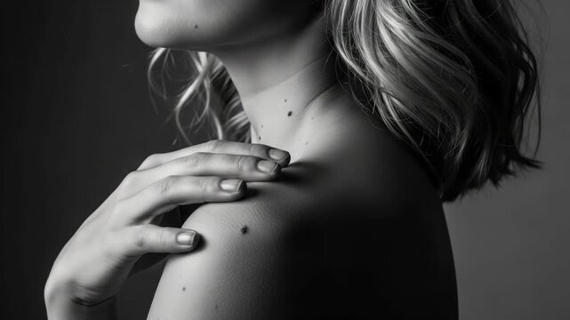 Caucasian adult female examining a mole on her shoulder in a black and white triptych. Skin cancer awareness and dermatology health check concept for body positivity and self care